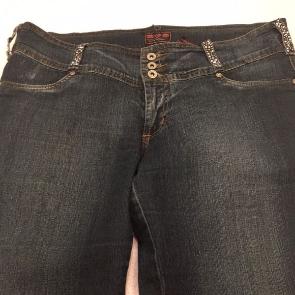 d j Denim - D jeans size 13 dark blue embellished studs rhinestones 3 button close low rise